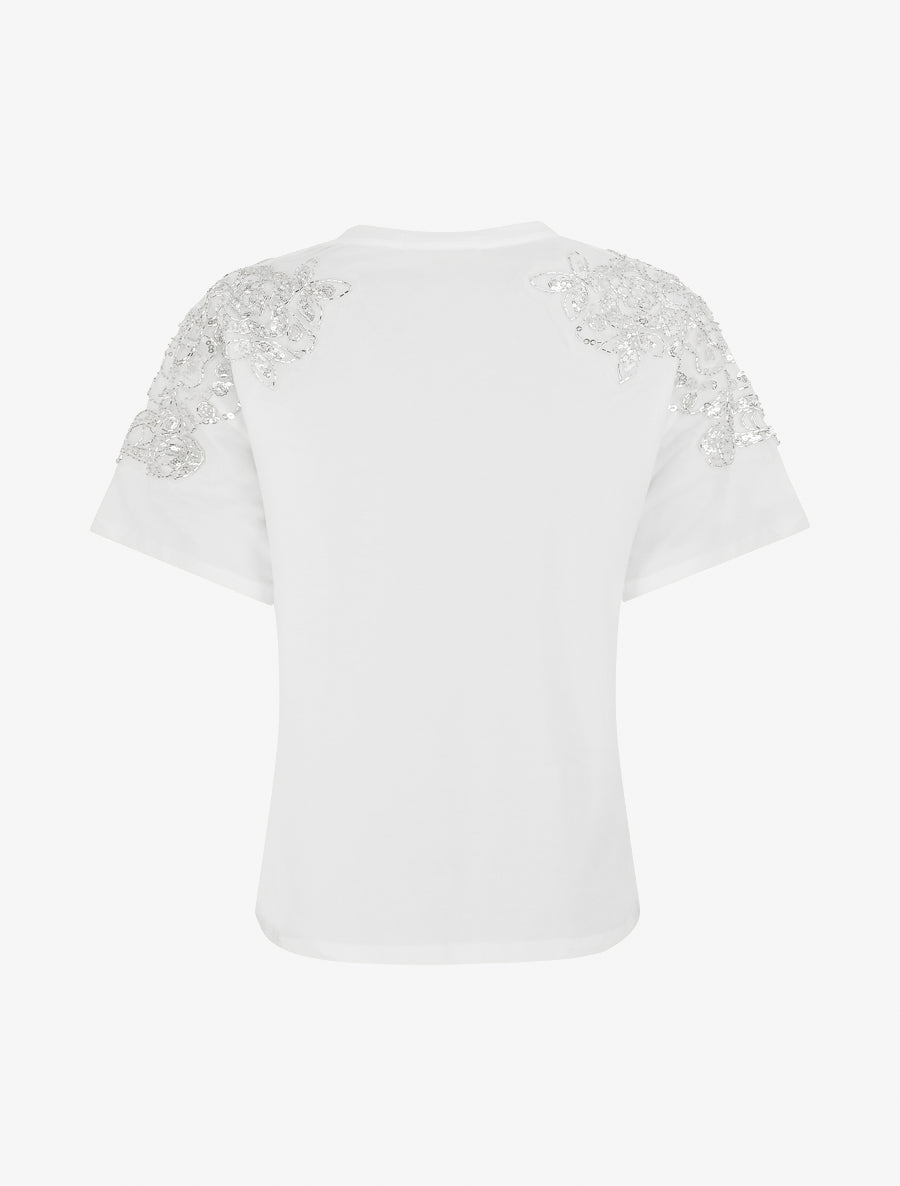 T-shirt manches courtes à épaules strassées - Blanc - 2