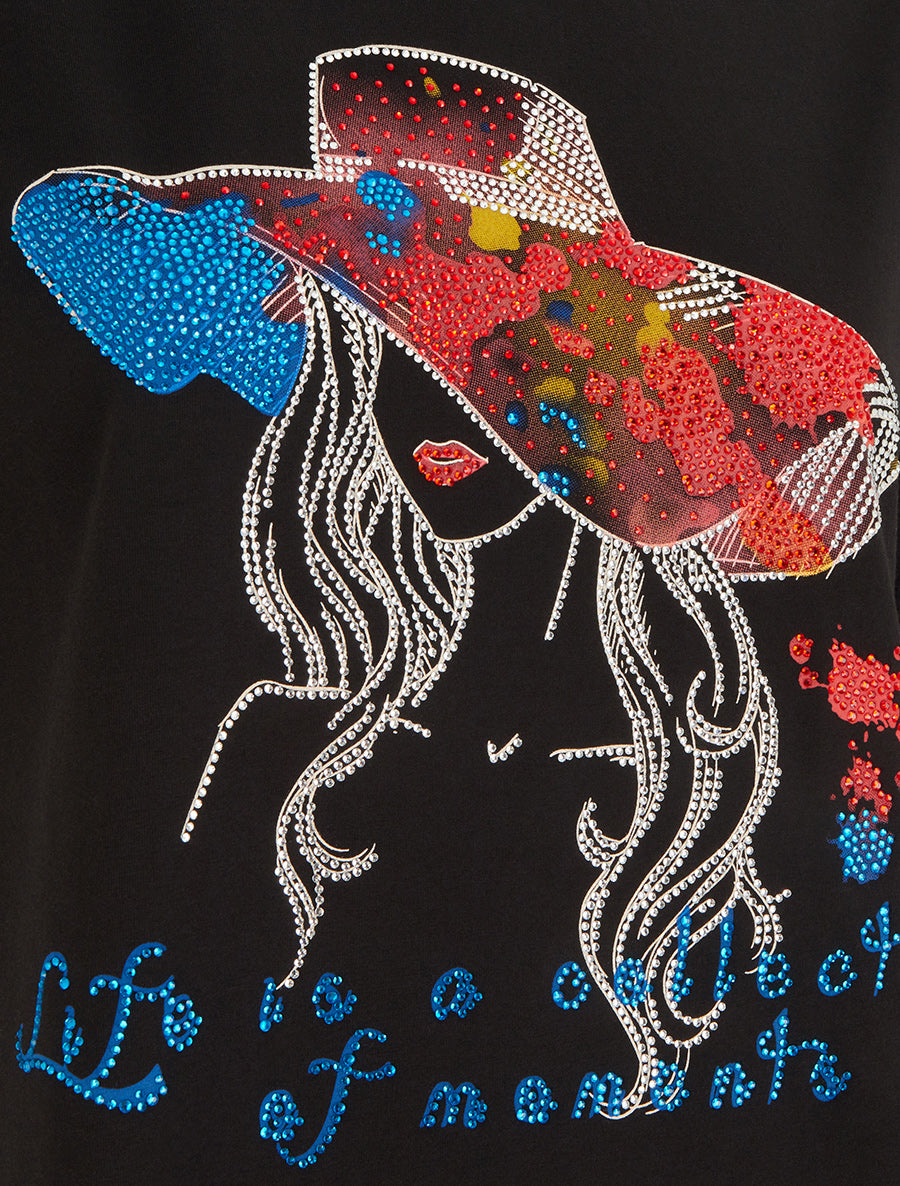 T-shirt à strass motif dame au chapeau - Noir - 3