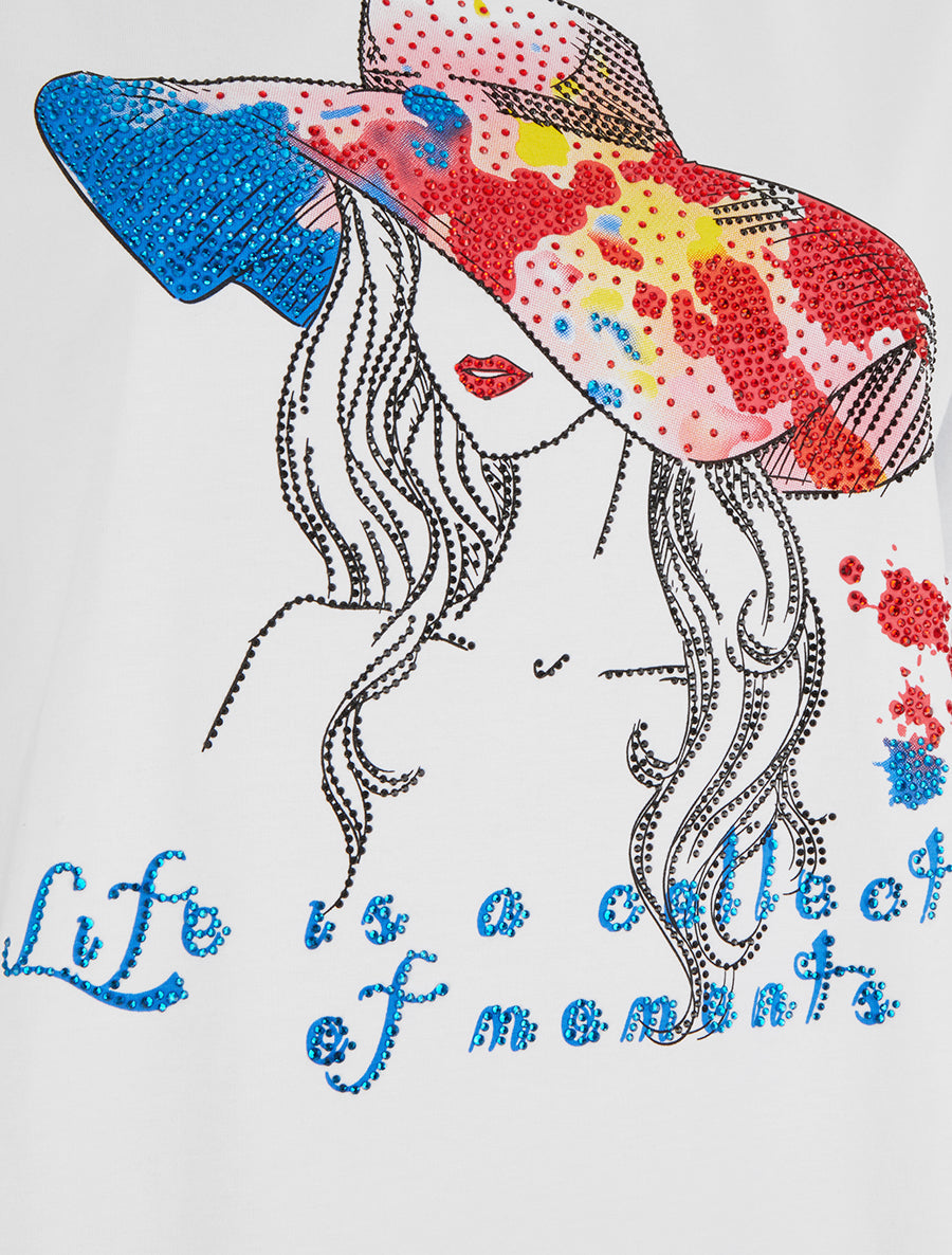T-shirt à strass motif dame au chapeau - Blanc - 3