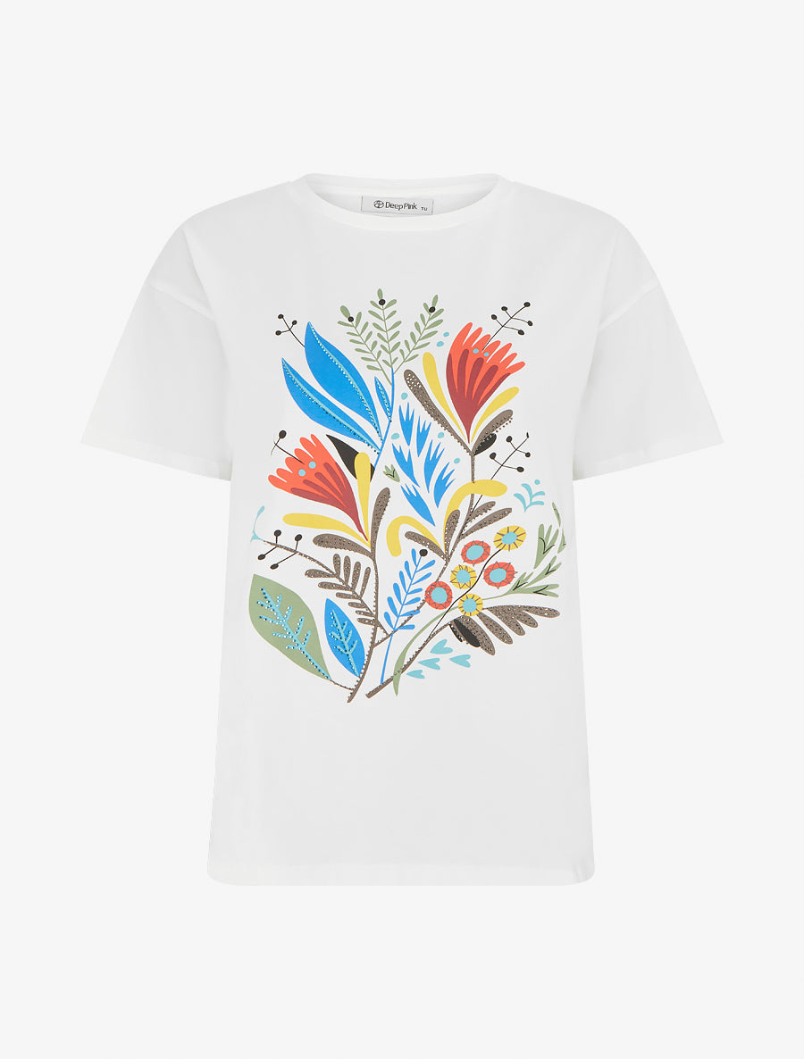 T-shirt à motif floral et strass - Blanc - 1