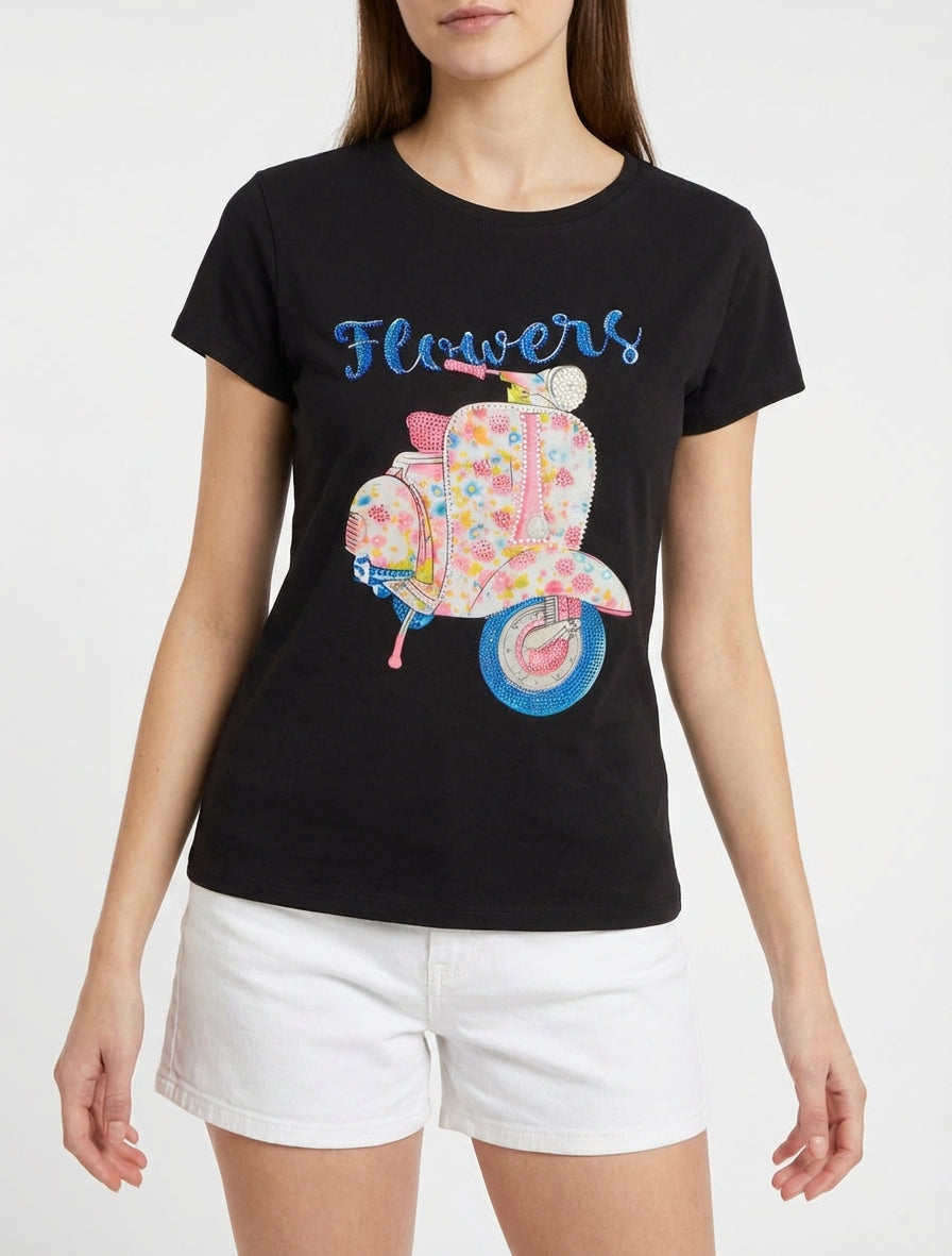 Camiseta con estampado de scooter con strass - Negro