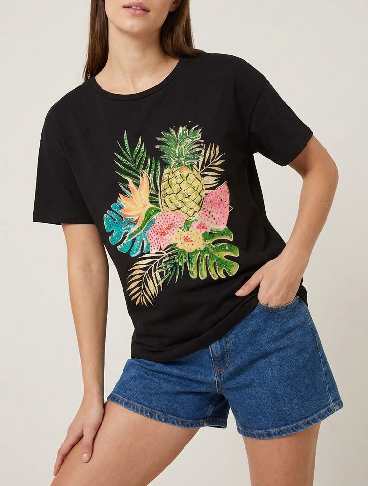 Camiseta estampada con frutas y strass - Negro
