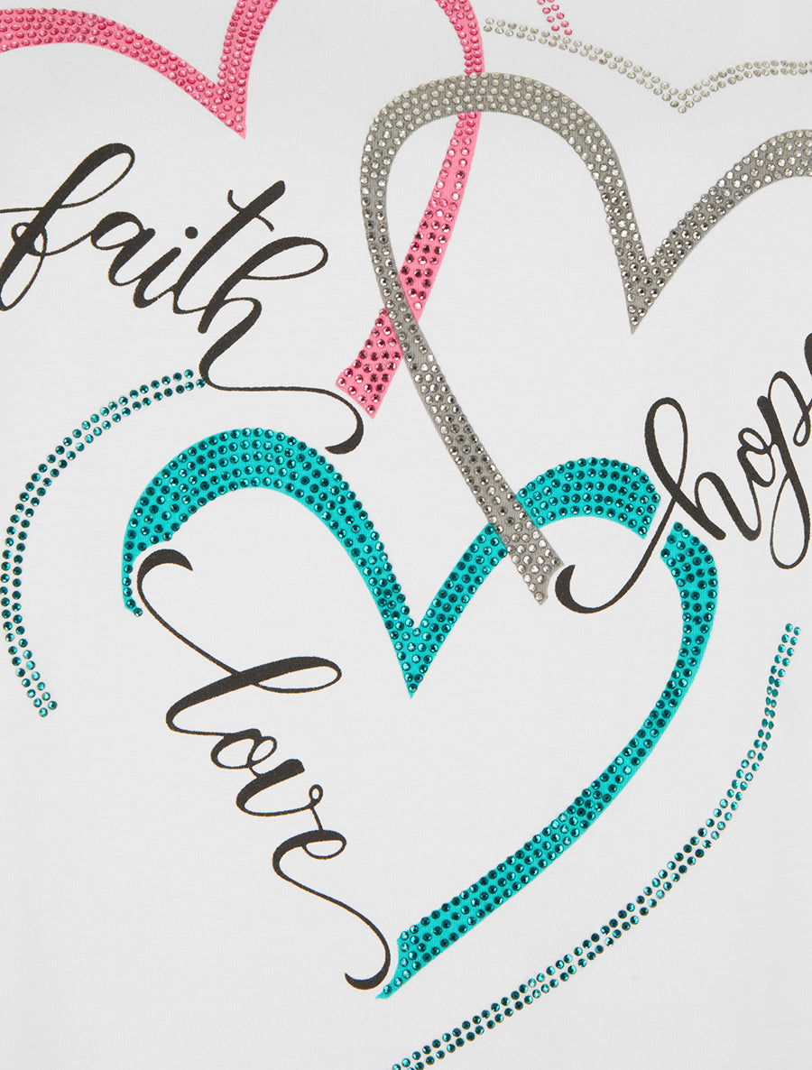 T-shirt floqué et 3 coeurs strassés - Blanc - 3