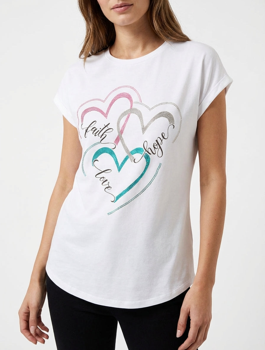 Camiseta estampada y 3 corazones con strass - Blanco