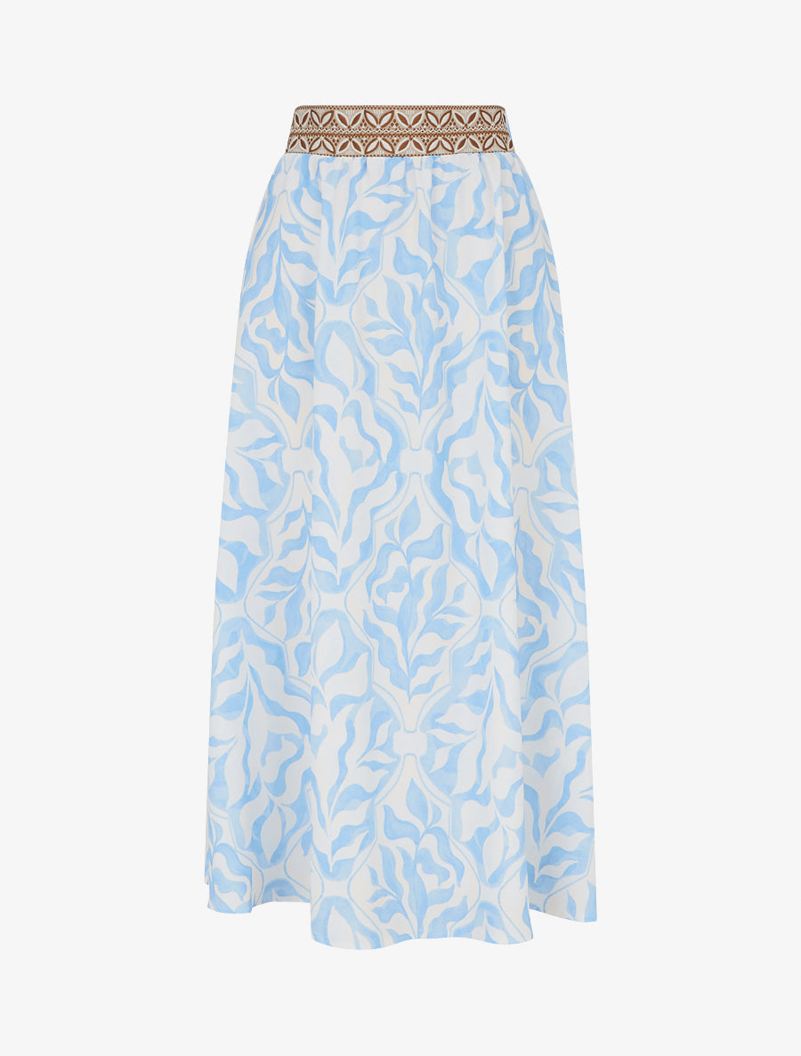 Jupe fluide longue à imprimé feuillage stylisé - Bleu ciel - 1