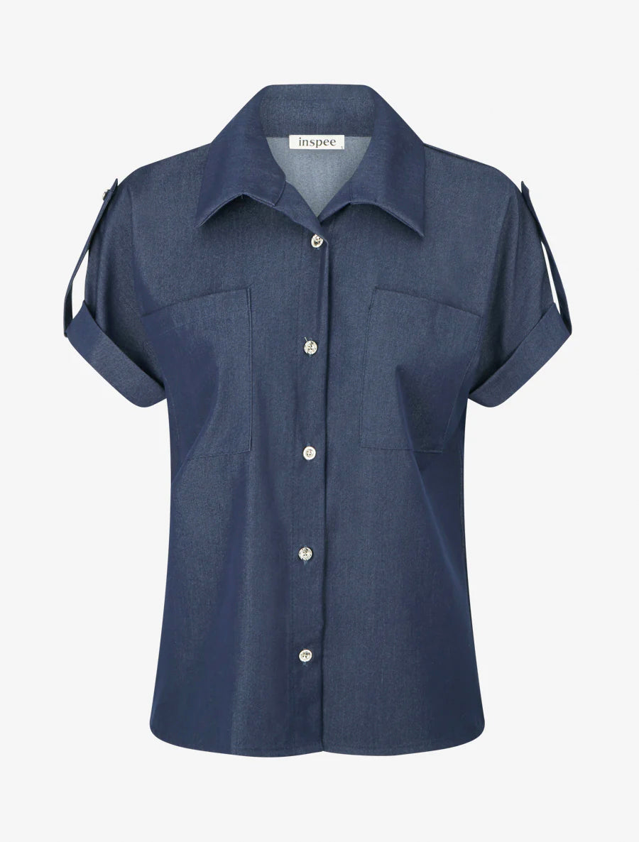 Camisa lisa con bolsillos - Azul bruto