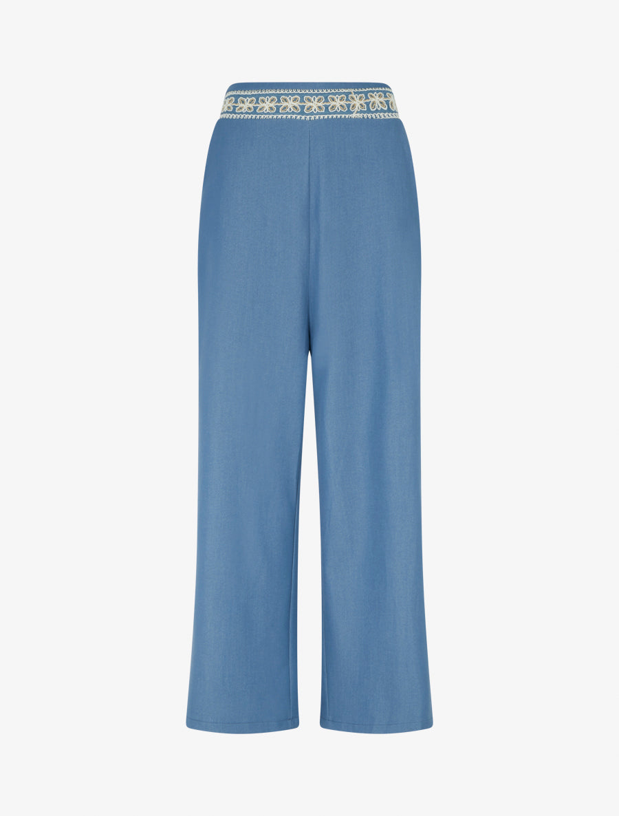 Pantalon fluide unie à bande brodée - Bleu ciel - 1