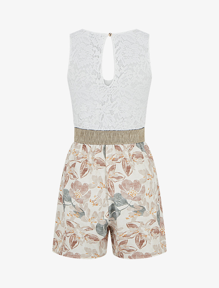 Combishort à dentelle et imprimé fleuri - Beige - 2