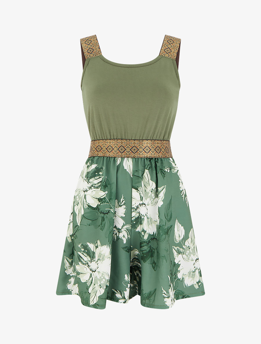 Combishort imprimé floral à bretelles fantaisies - Kaki - 1
