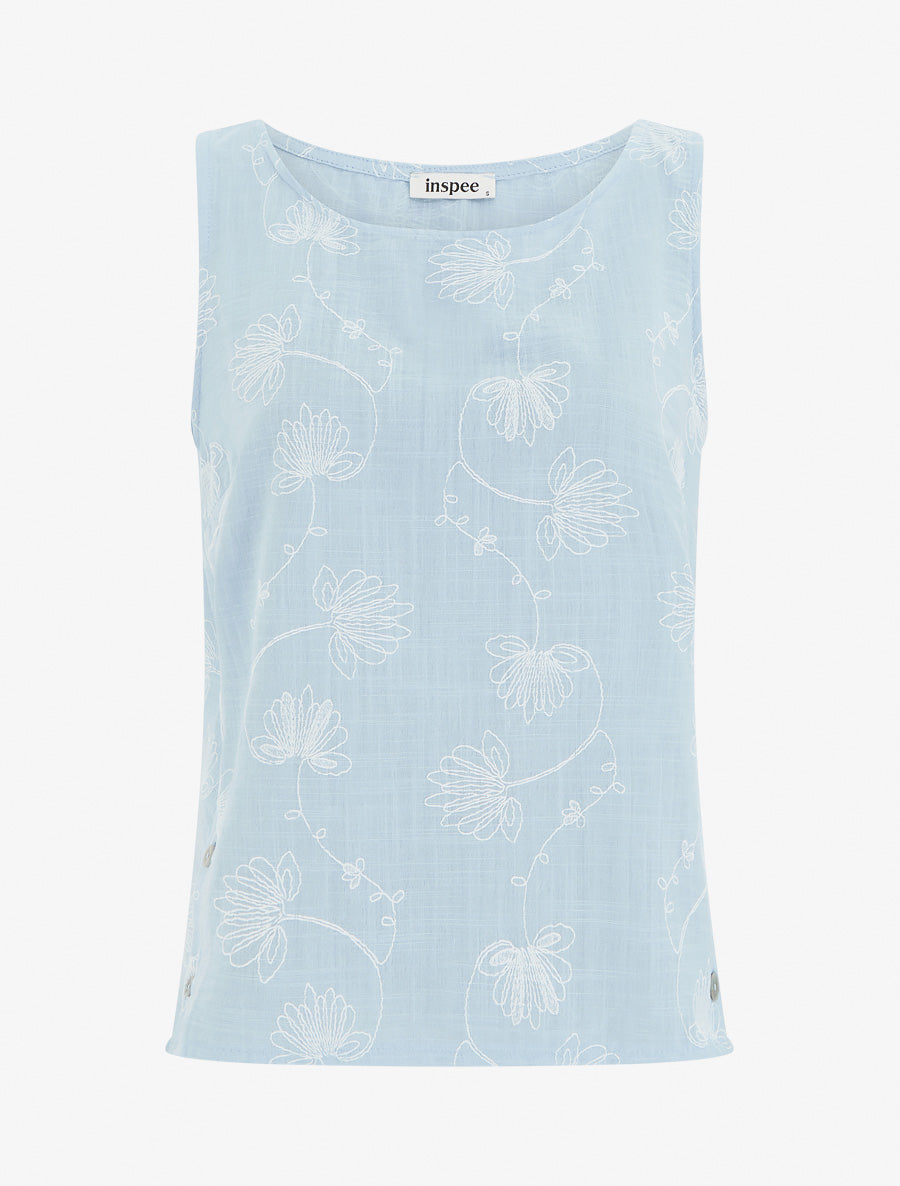 Top en lin à broderie floral - Bleu ciel - 1