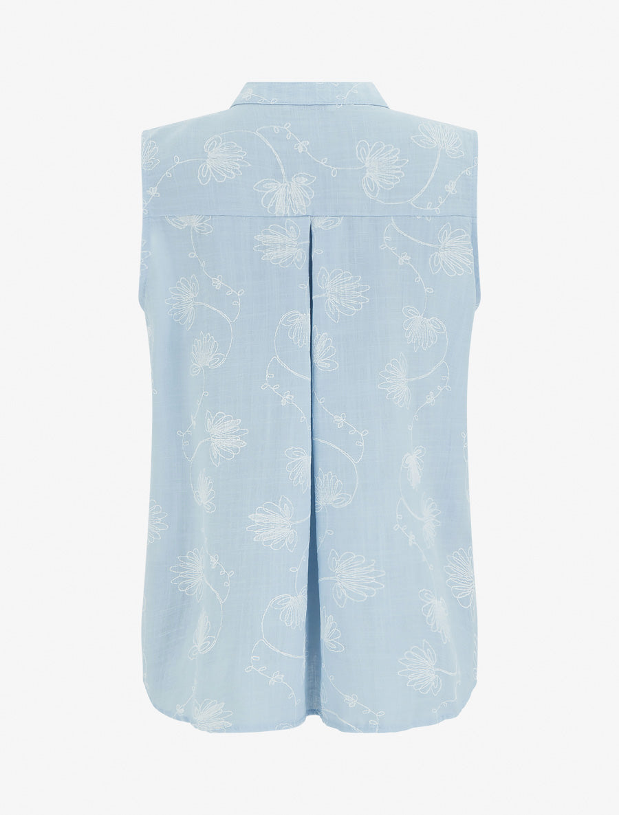 Top en lin boutonné à broderie floral - Bleu ciel - 2