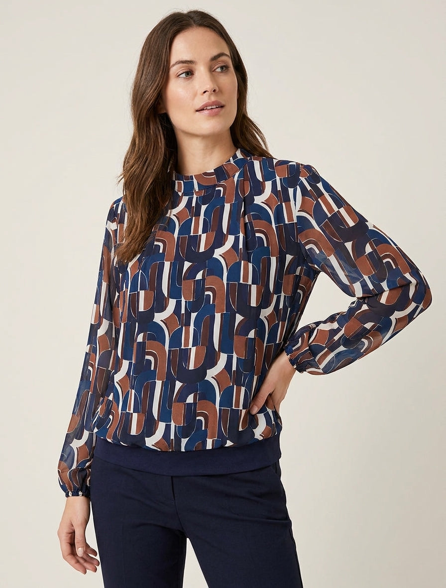 Blusa estampada retro con puños elásticos - Marine