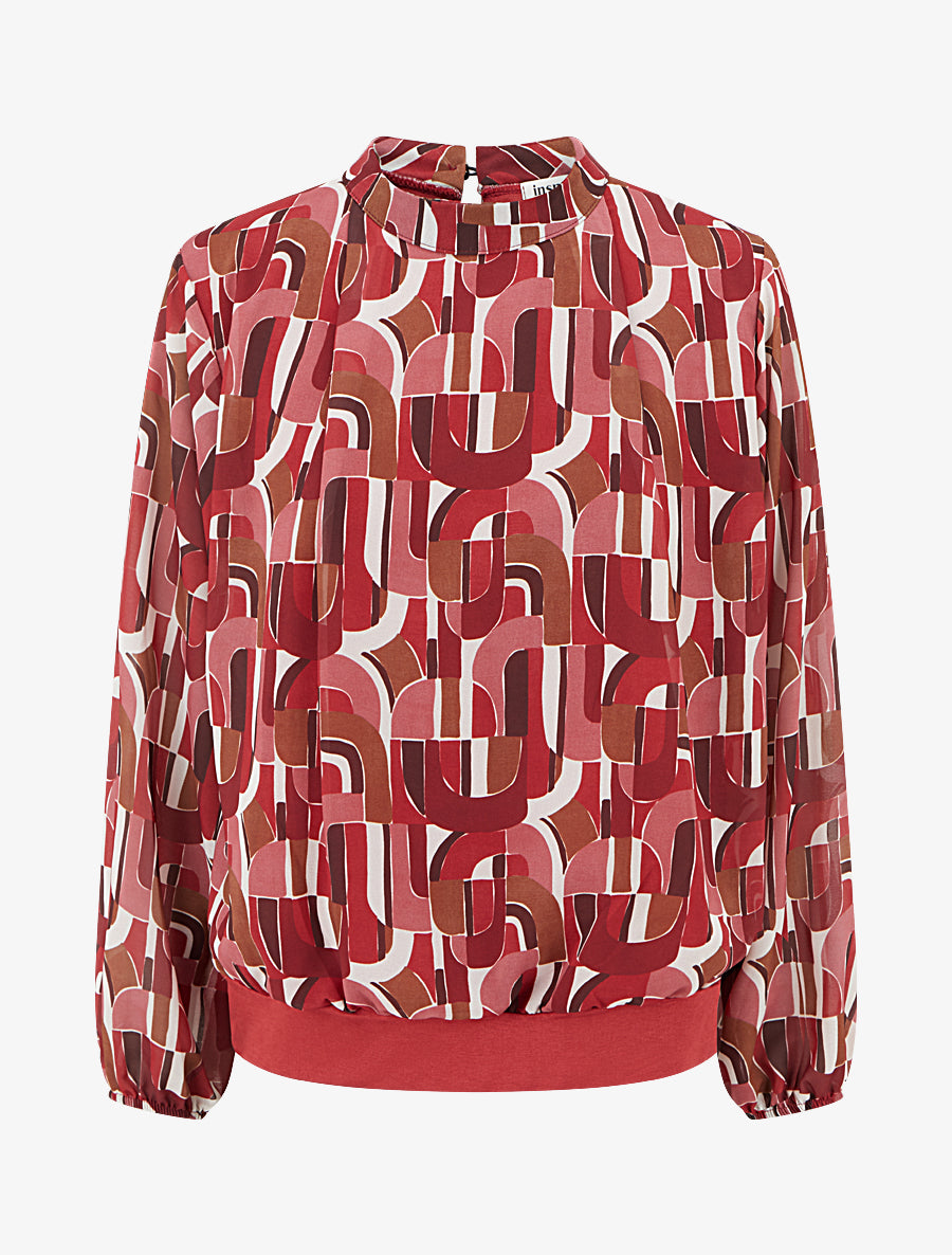 Blouse imprimé rétro à poignets élastiqués - Rouge - 1