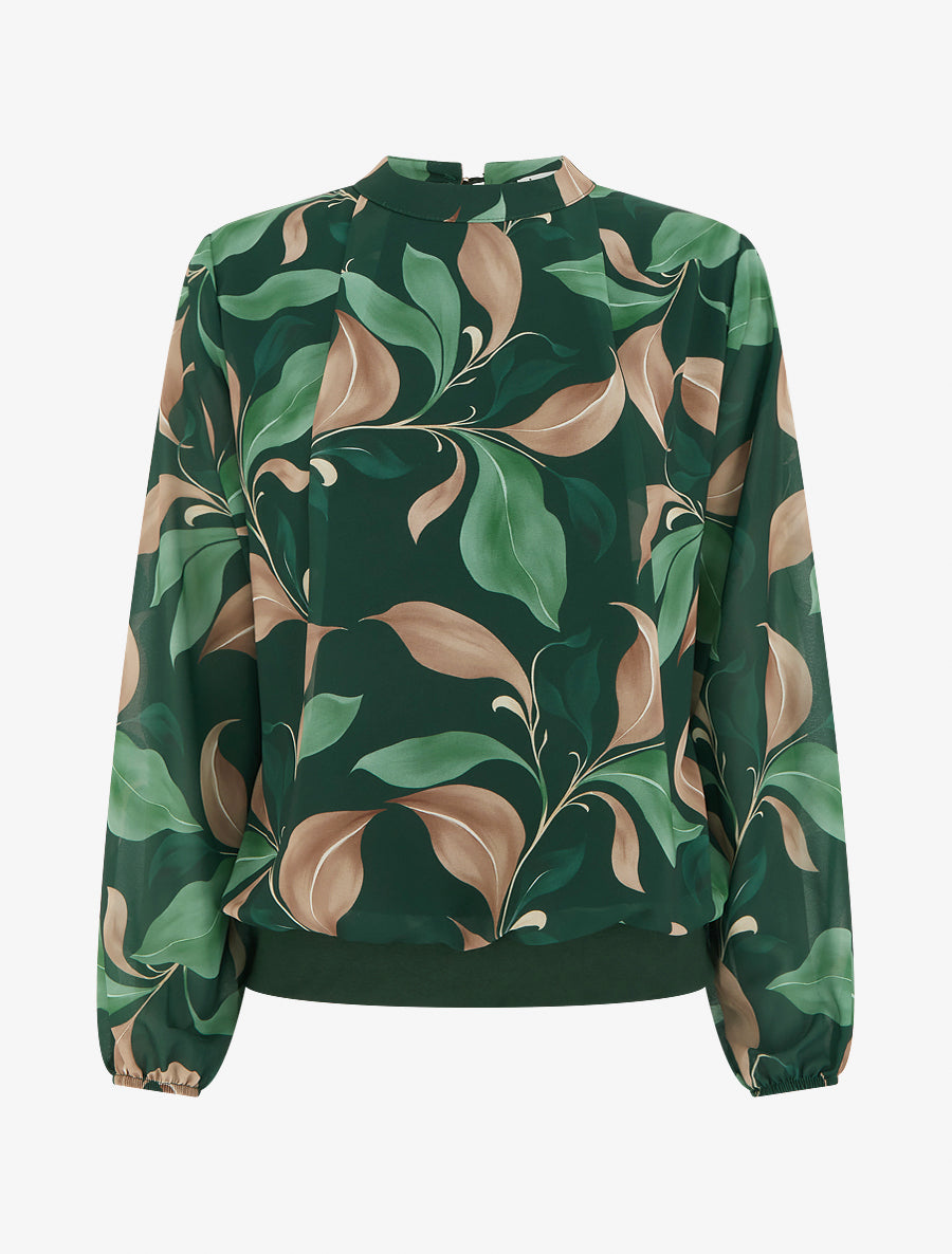 Blouse imprimé feuillage à poignets élastiqués - Vert sapin - 1
