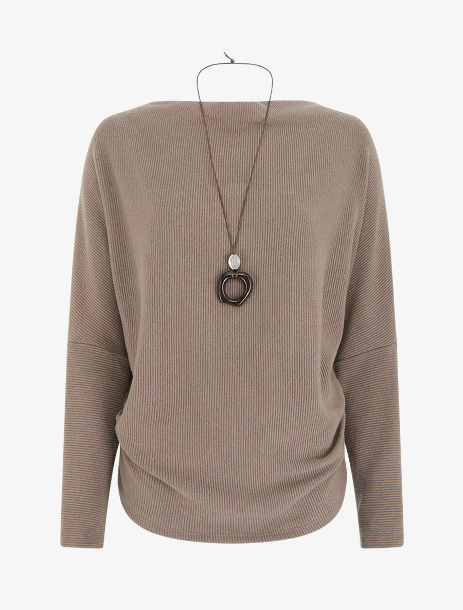 Pull côtelé à manches chauve-souris et col bénitier - Taupe - 1