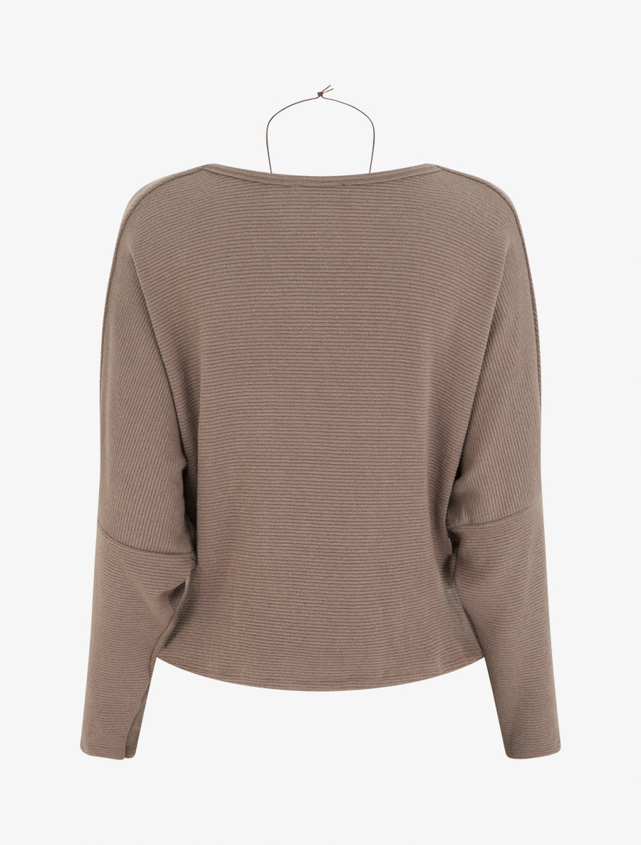 Pull côtelé à manches chauve-souris et col bénitier - Taupe - 2