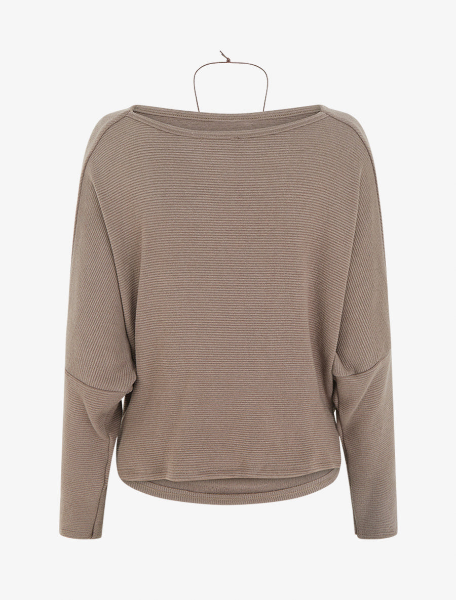 Pull côtelé à manches chauve-souris et col bénitier - Taupe - 2