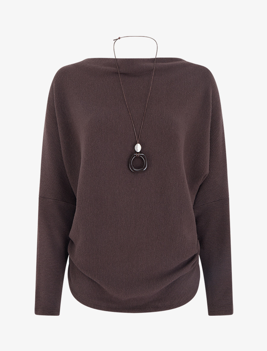 Pull côtelé à manches chauve-souris et col bénitier - Marron - 1