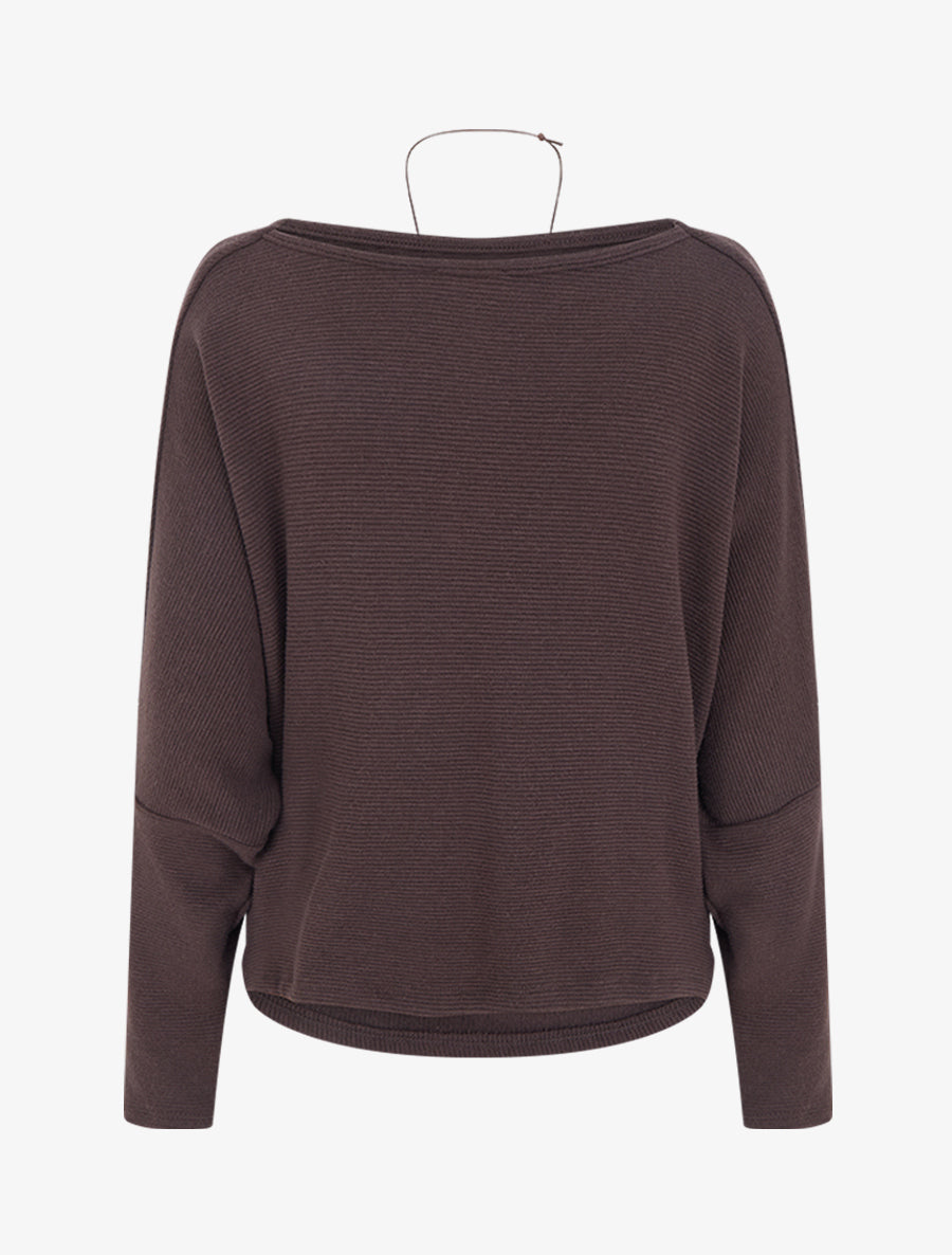 Pull côtelé à manches chauve-souris et col bénitier - Marron - 2