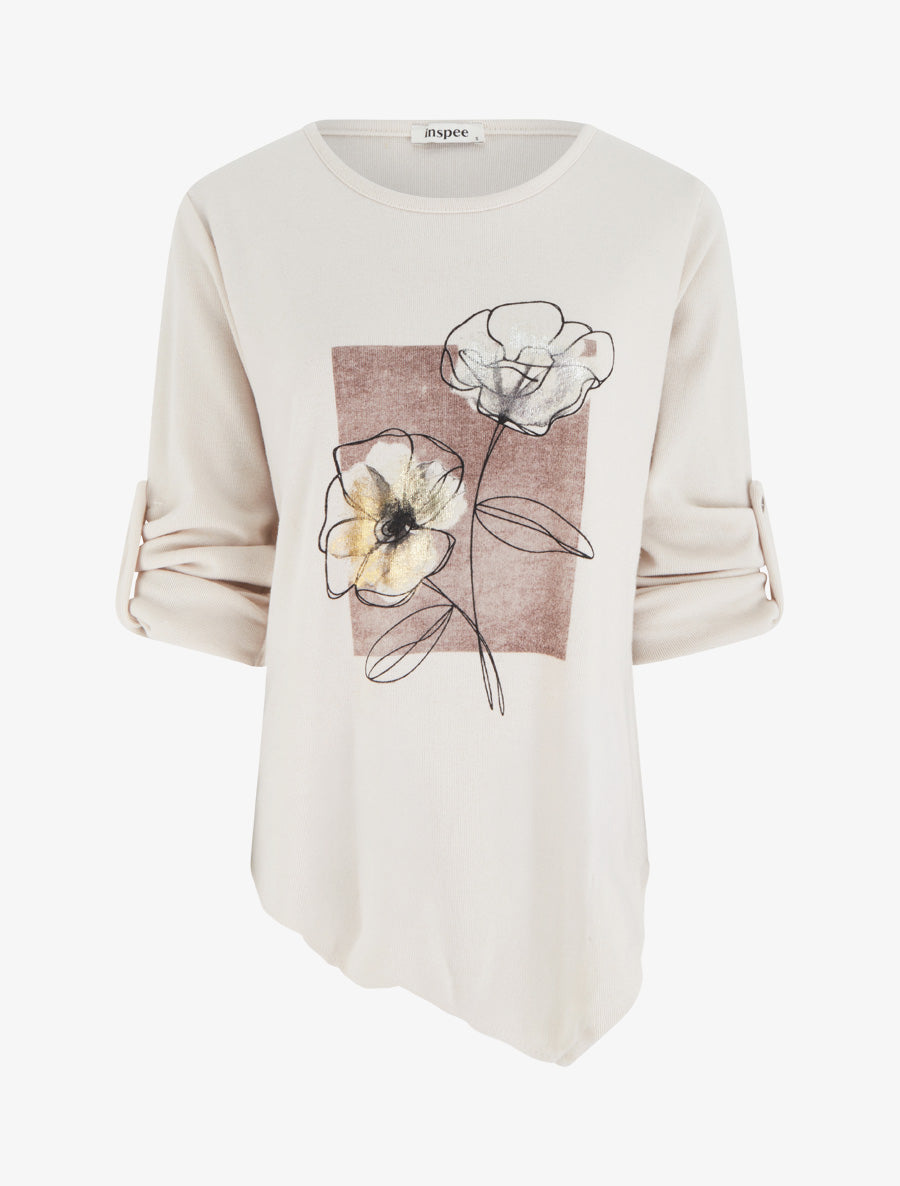 Pull à bords asymétriques et motif floral irisé - Crème - 1