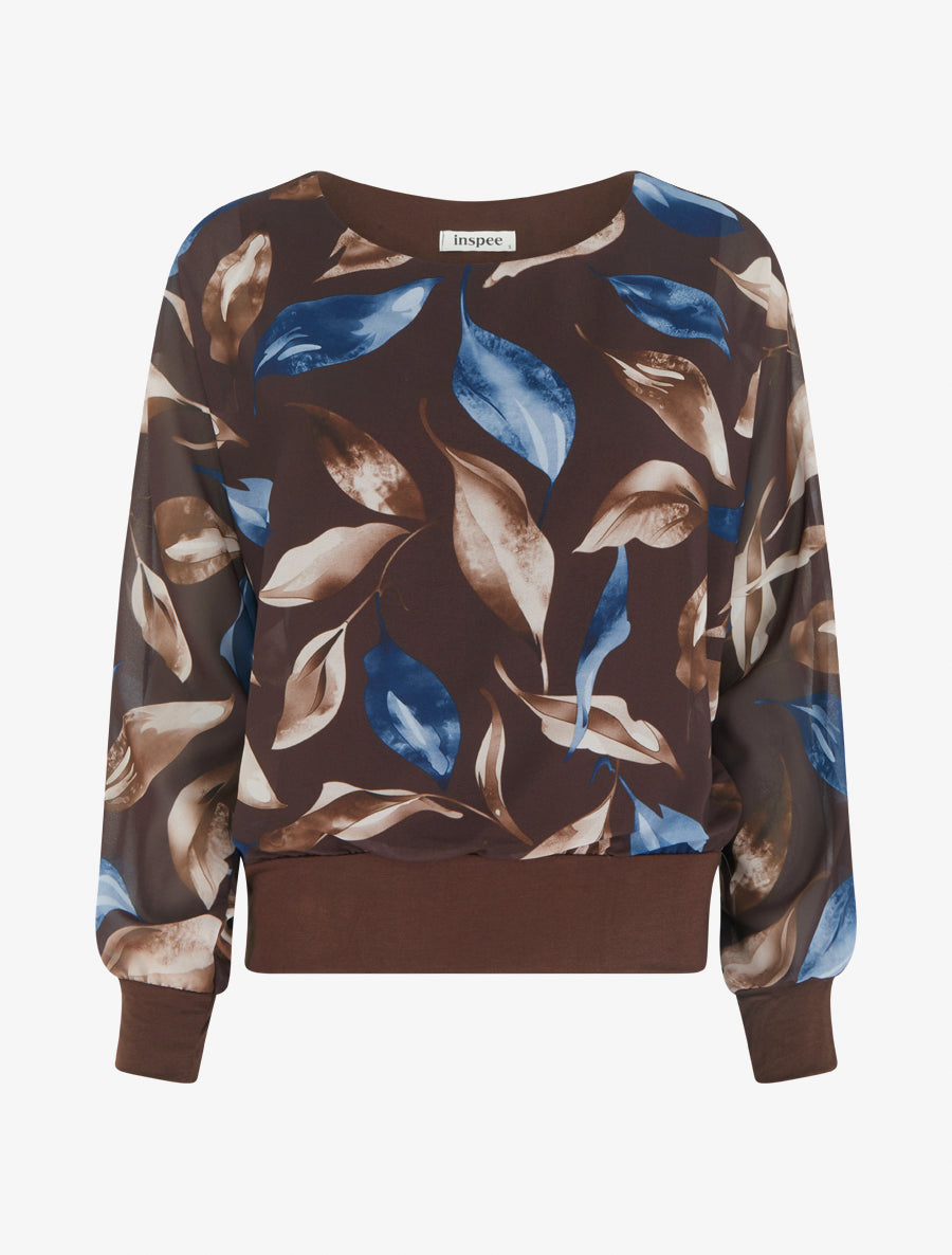 Top boule imprimé feuilles à manches chauve-souris - Marron - 1