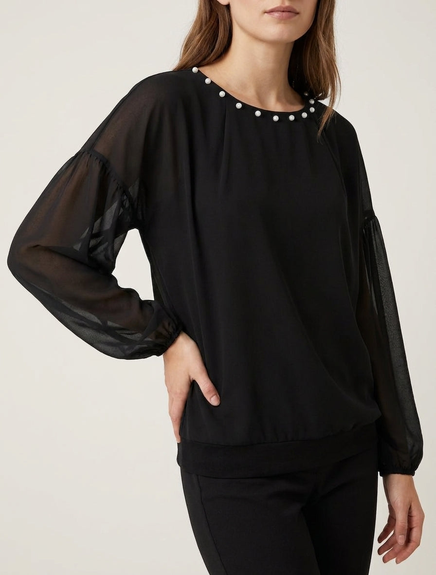 Top con cuello redondo perlado y mangas largas - Negro