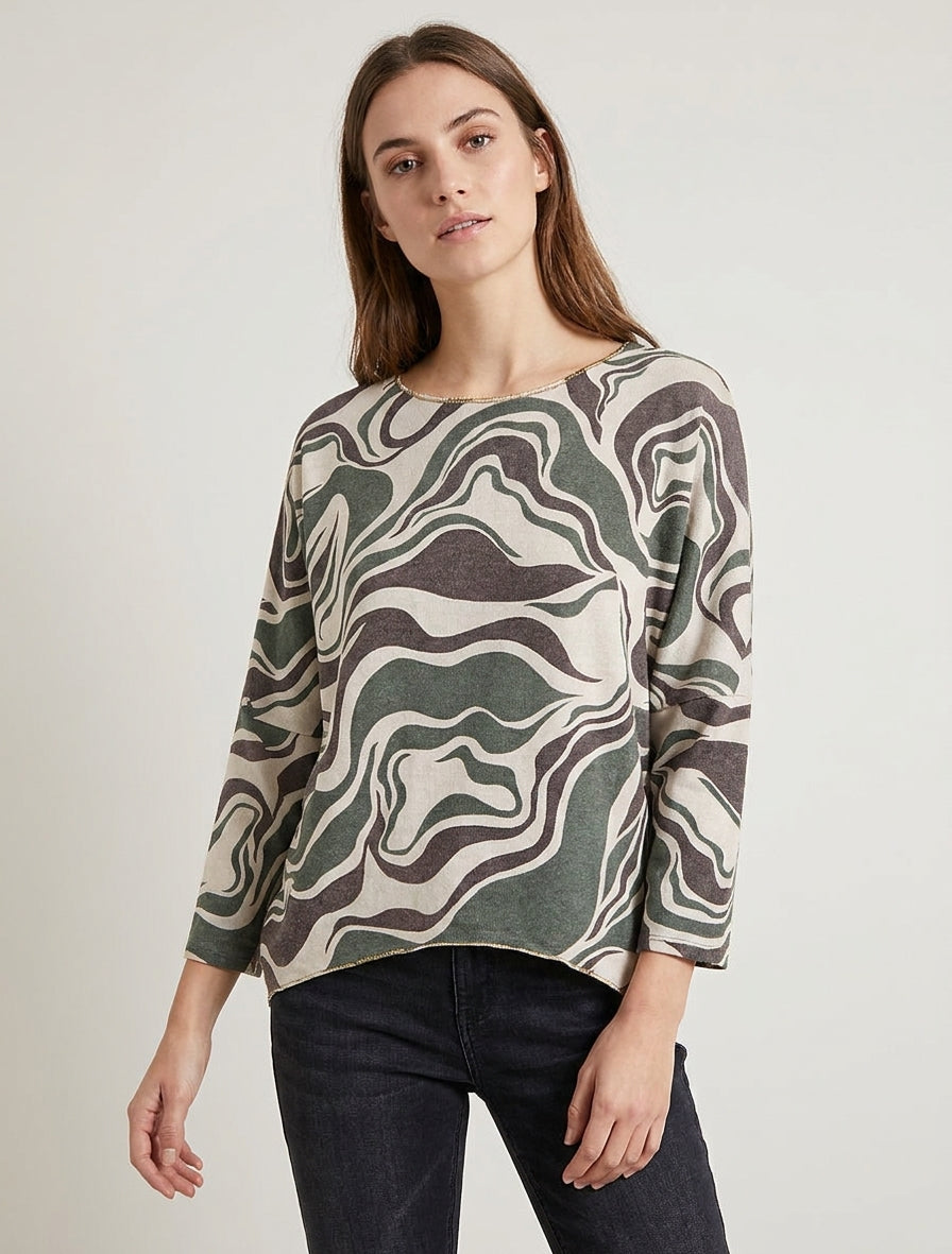 Suéter fino con estampado abstracto y cuello redondo - Caqui