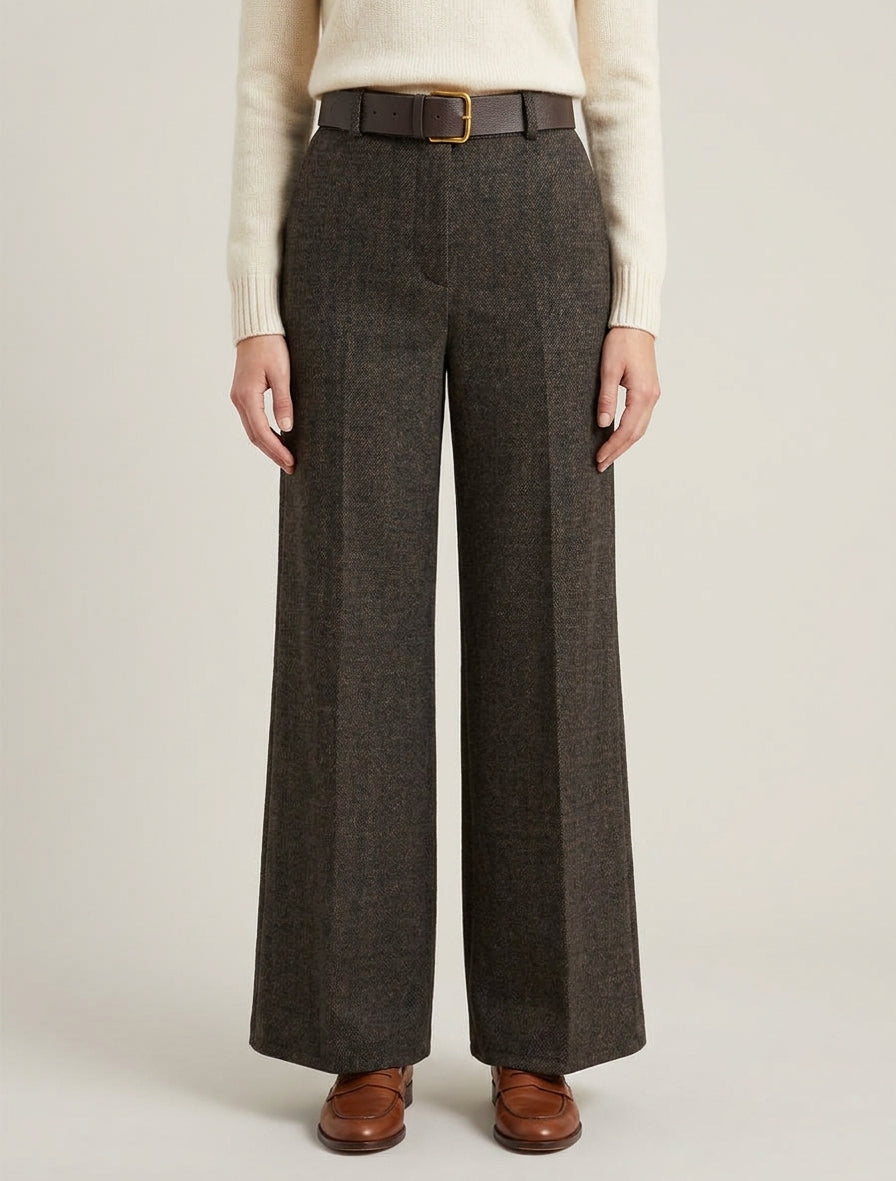 Pantalón de talle alto en tejido estilo tela de lana. - Negro