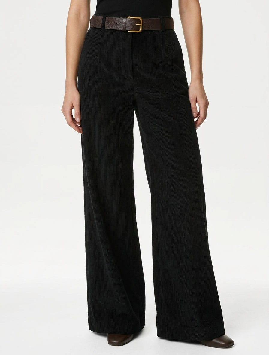 Pantalón liso acanalado - Negro