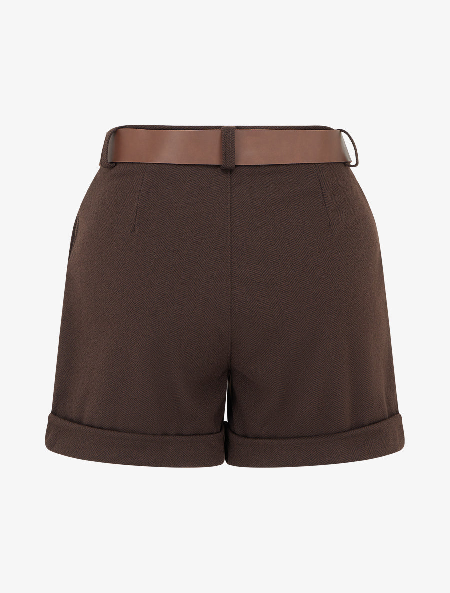 Short en feutrine à ceinture - Marron - 2