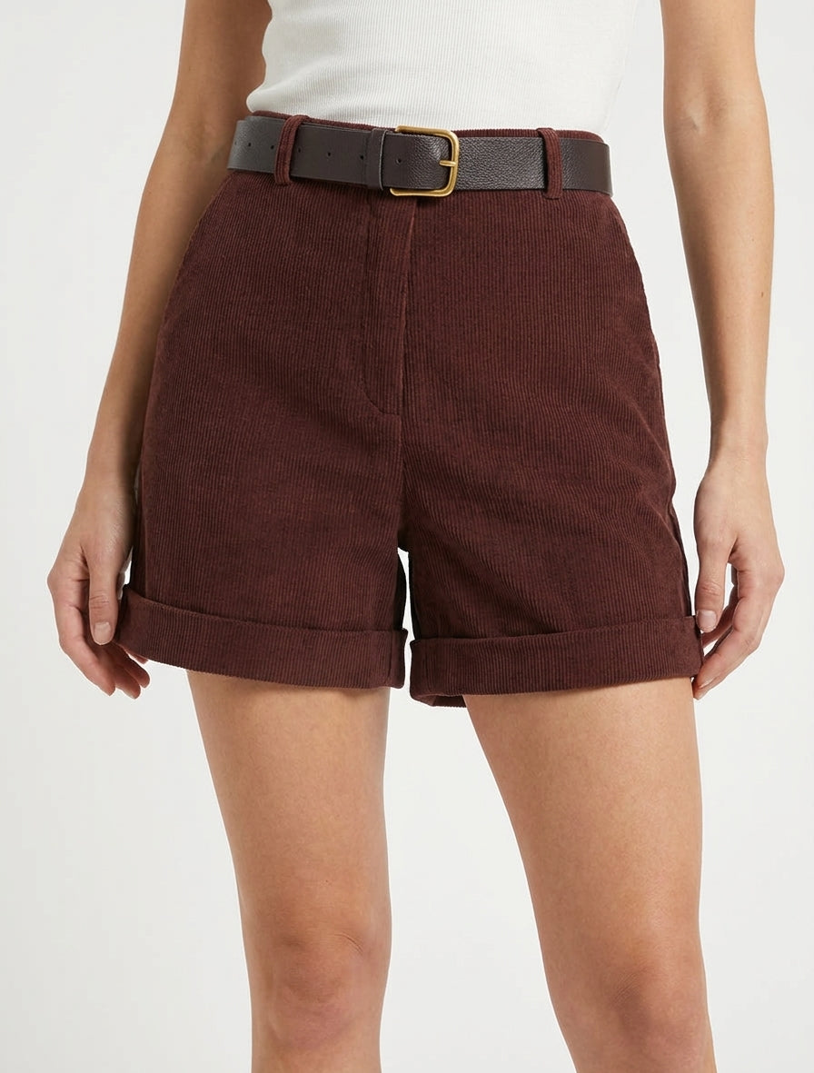 Pantalones cortos de pana de cintura alta. - Borgoña oscuro