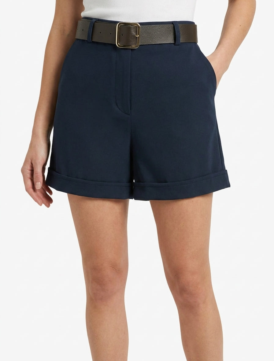 Pantalones cortos con vuelta y cinturón - Marine