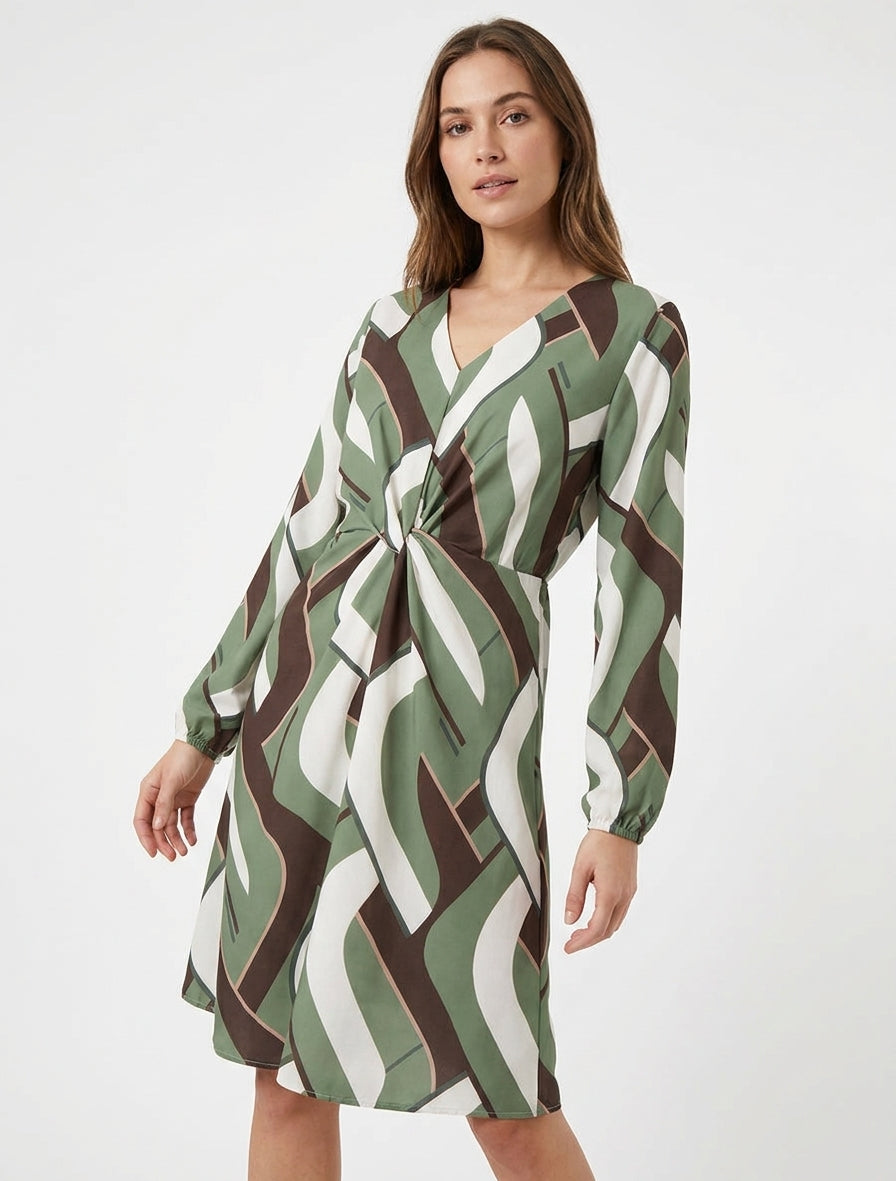 Vestido de manga larga con estampado gráfico - Caqui