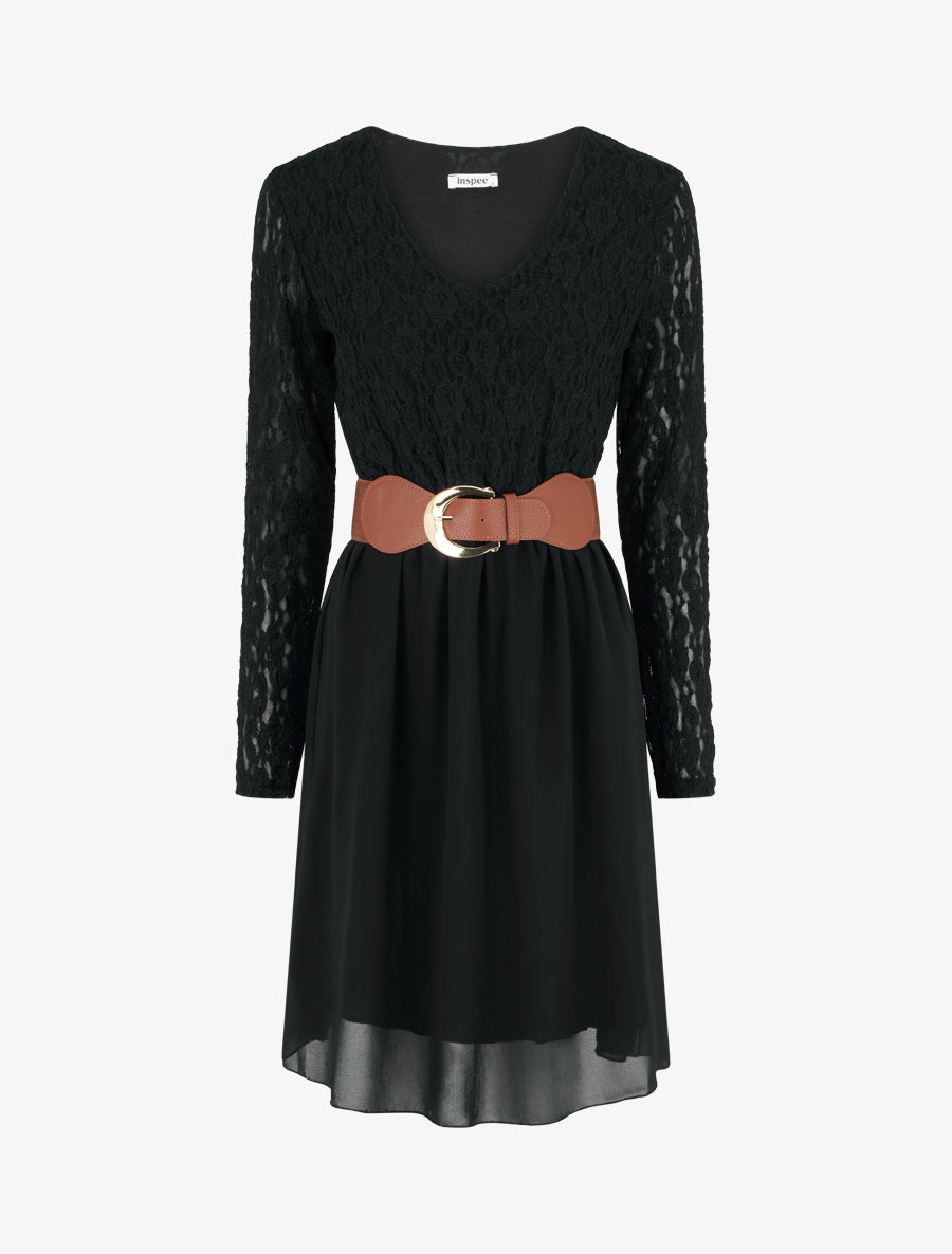 Robe évasée à buste en dentelle - Noir - 1