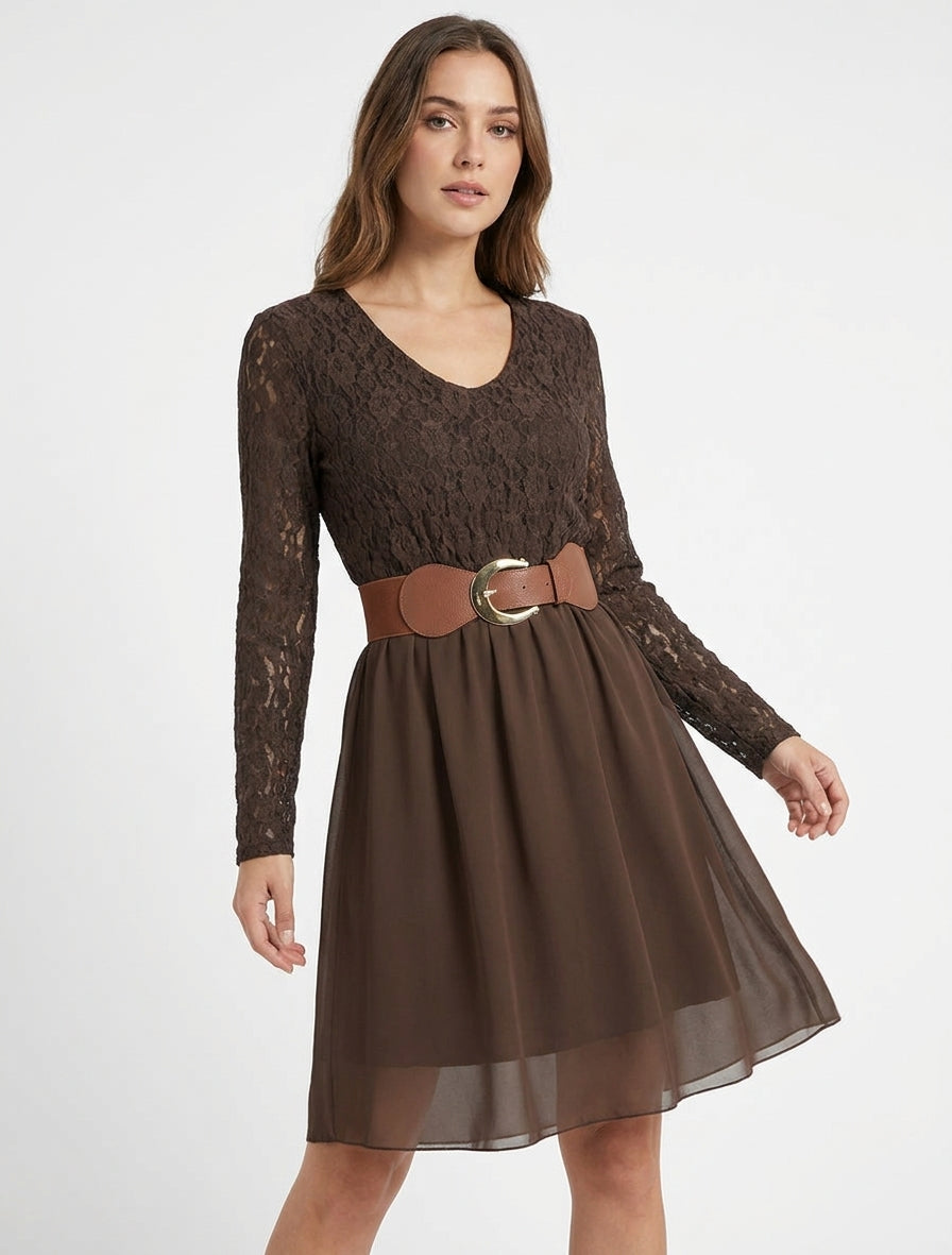 Vestido acampanado con busto de encaje - Marrón