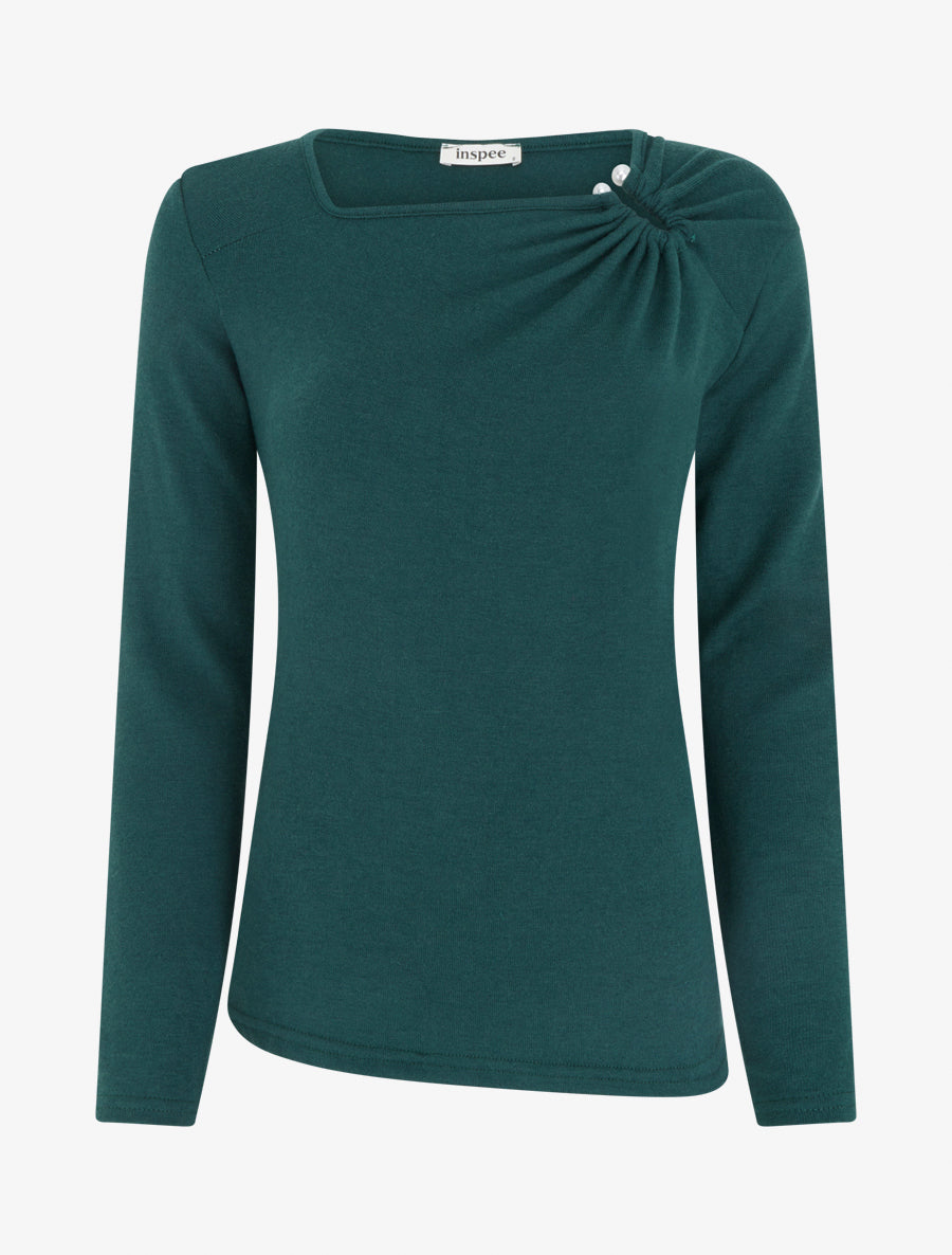 Pull fin droit à col carré à bijou perles - Vert foncé - 1