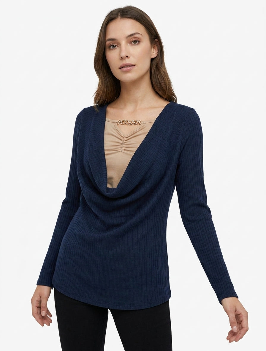Jersey acanalado con cuello drapeado y joya. - Marine