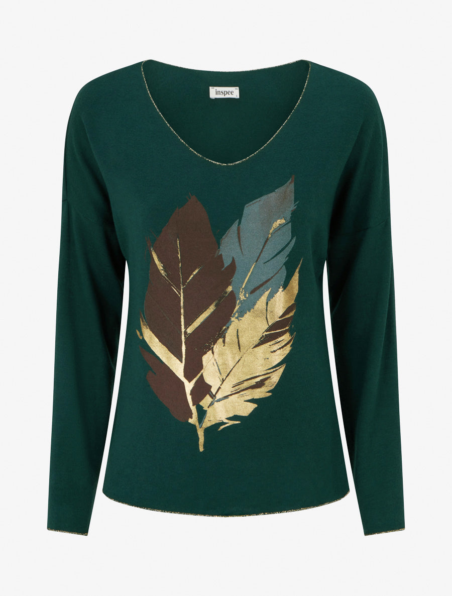 Pull fin à motif plumes irisées - Vert foncé - 1