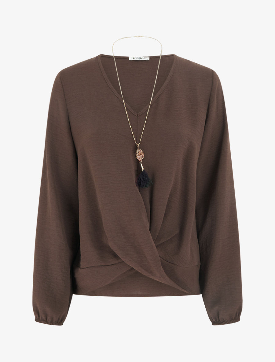 Top droit à bords torsadés et col V - Marron - 1
