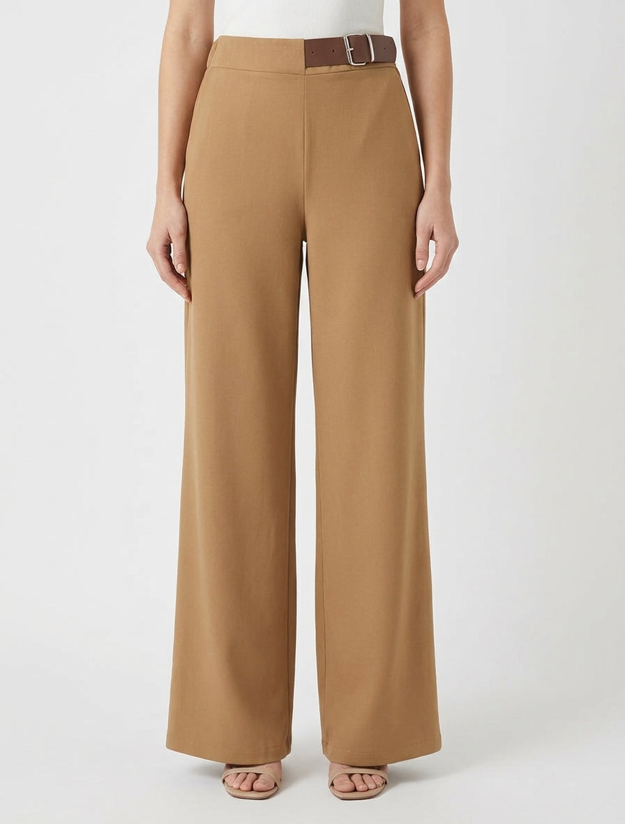 Pantalón ancho de cintura alta con cinturón decorativo - Camello