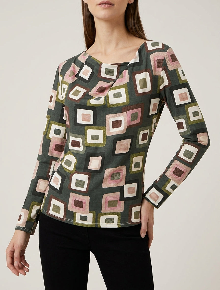 Top estampado retro con cuello drapeado - Caqui
