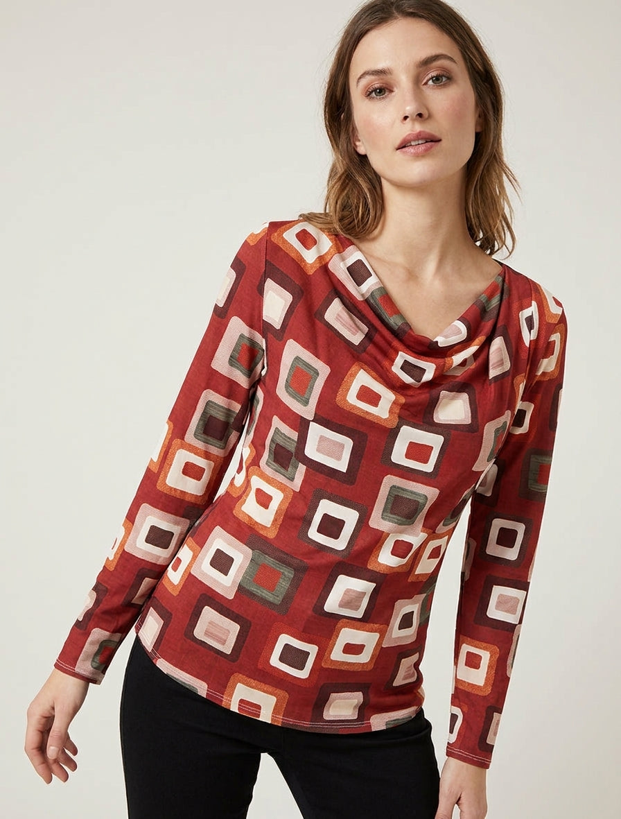 Top estampado retro con cuello drapeado - Rojo