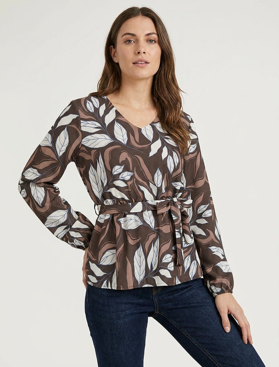 Blusa elástica con estampado de hojas - Marrón