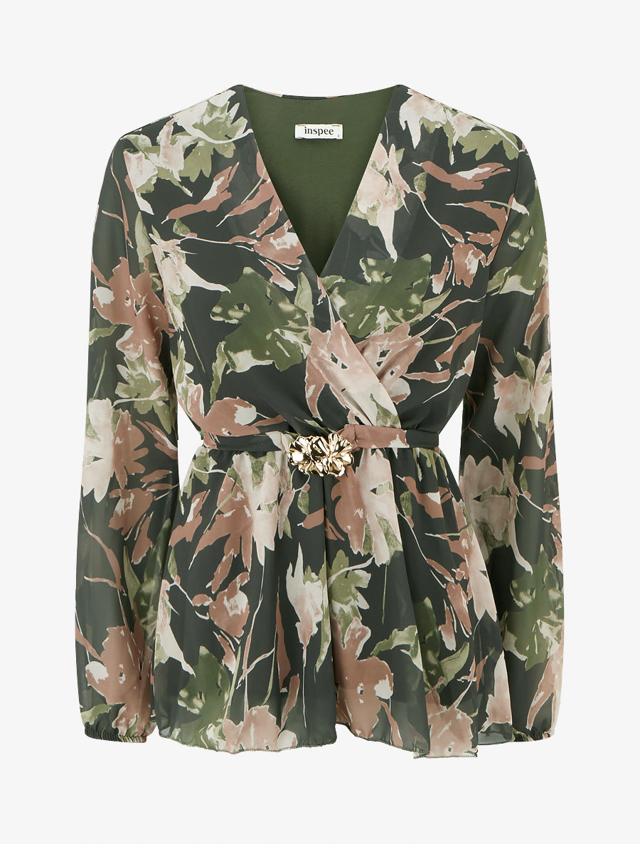 Top cache-coeur imprimé fleurs abstraites à bijou floral - Kaki - 1