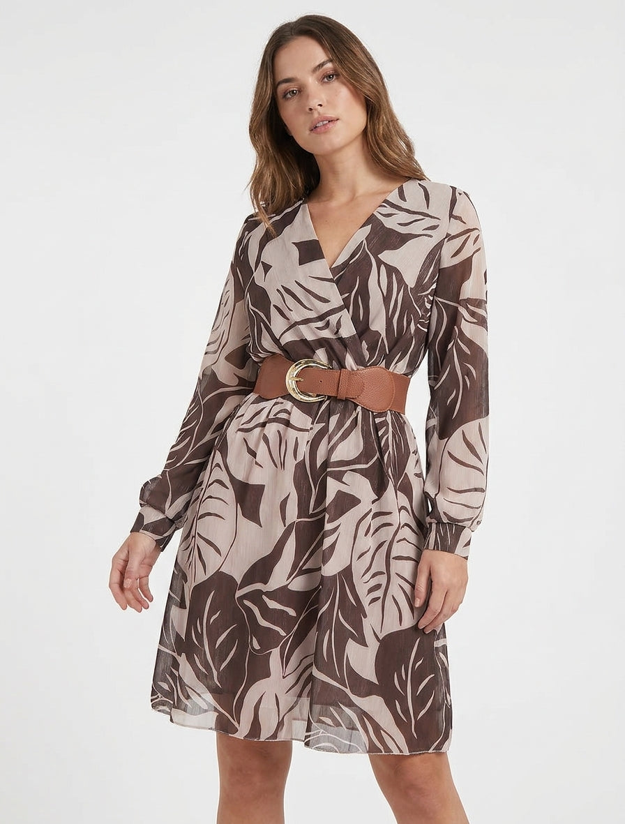 Vestido irisado con estampado de hojas grandes - Marrón