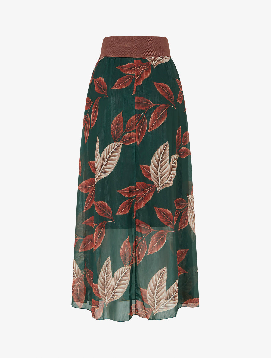 Jupe longue en voile irisé imprimé feuilles - Vert foncé - 2