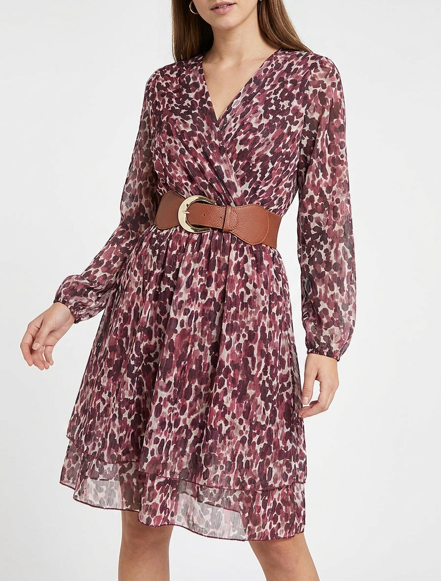 Vestido estampado fantasía con cuello cruzado - Color vino
