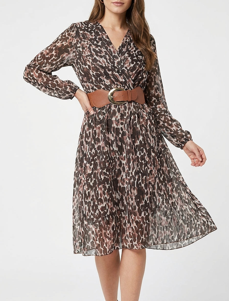 Vestido estampado fantasía con cuello cruzado - Marrón