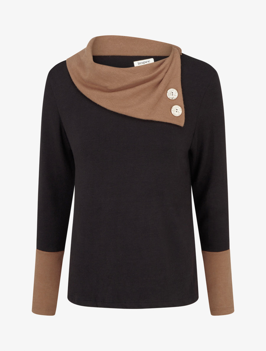 Pull fin bicolore à col drapé asymétrique - Noir/camel - 1
