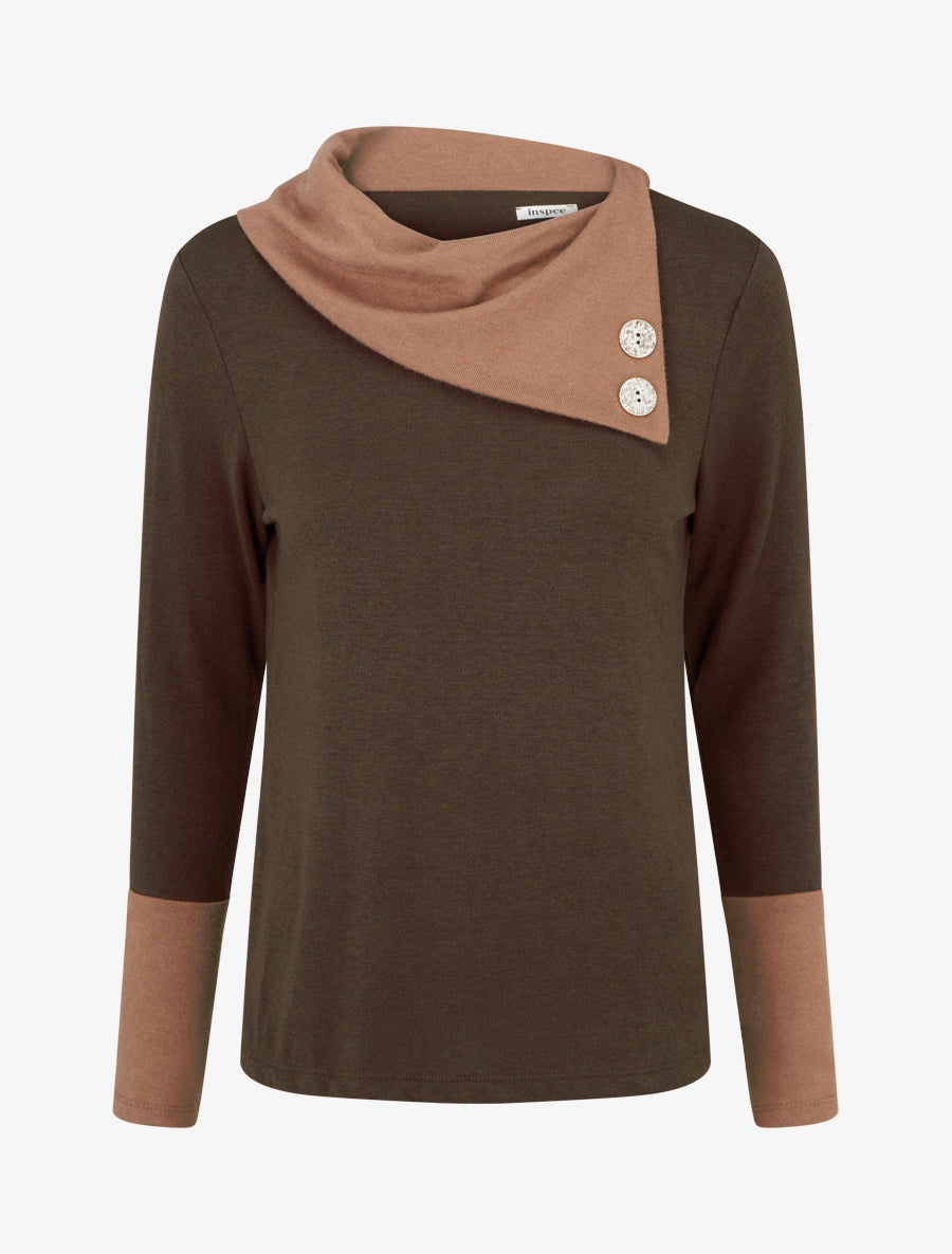 Pull fin bicolore à col drapé asymétrique - Marron/camel - 1